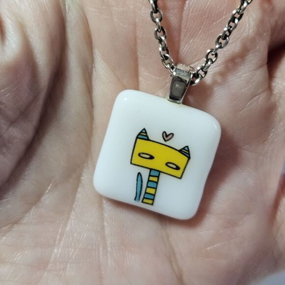 Mark Poulin Sterling Silver Colorful Cat Pendant Necklace - Picture 1 of 12